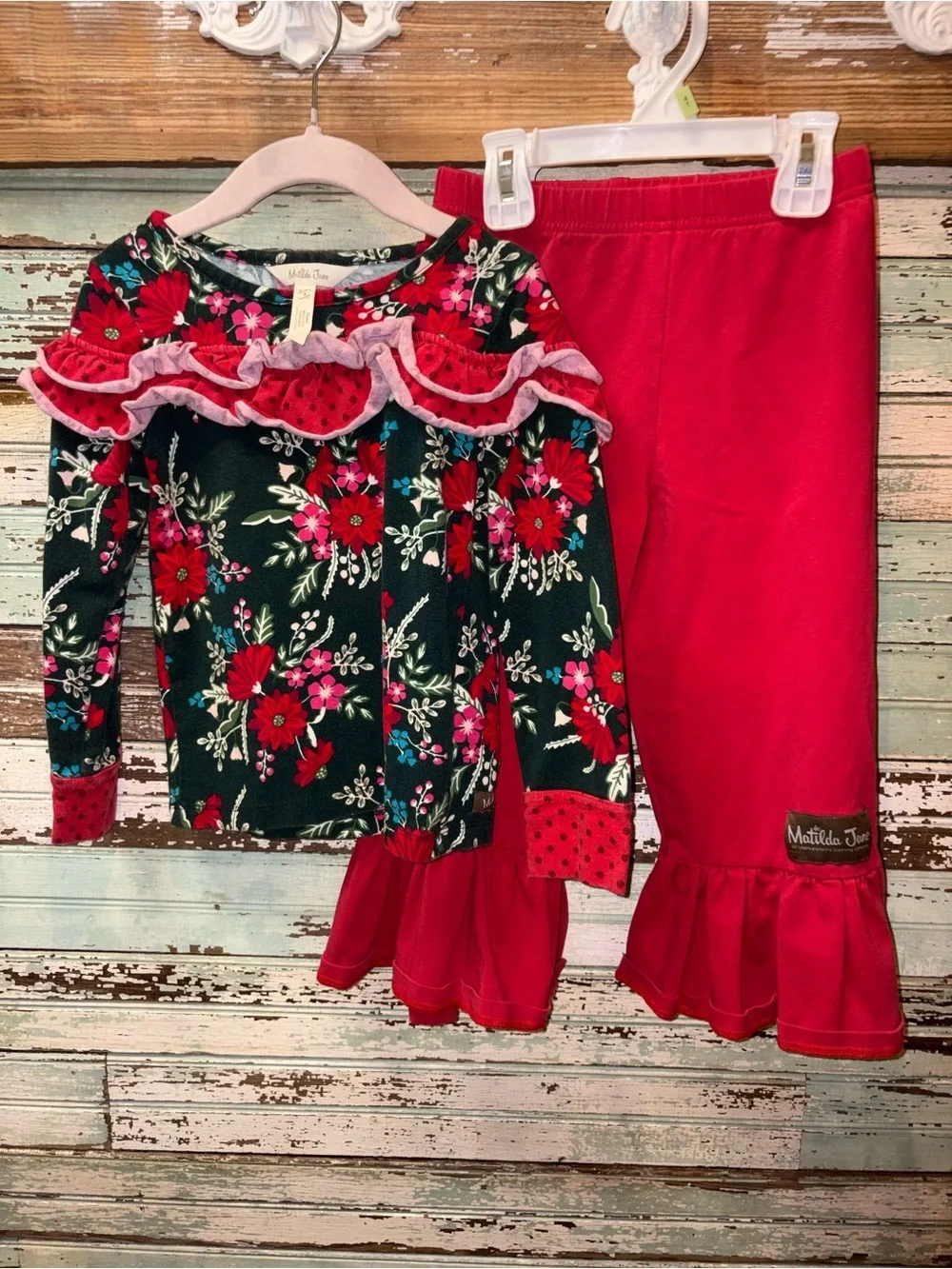 Matilda Jane Dark Green Floral Top with Pink & Red Ruffle Pants